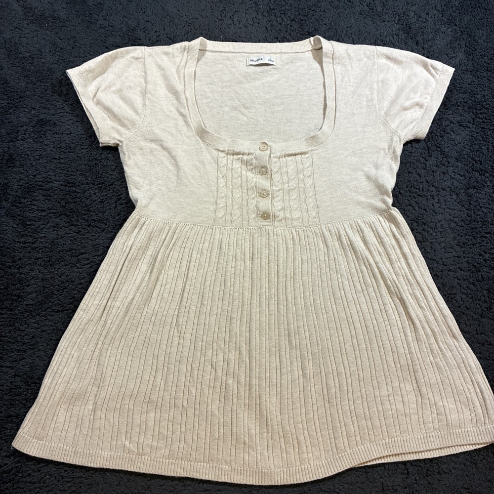 Hollister Babydoll Henley top Women L Beige Cable Knit Empire Waist Y2K 00s